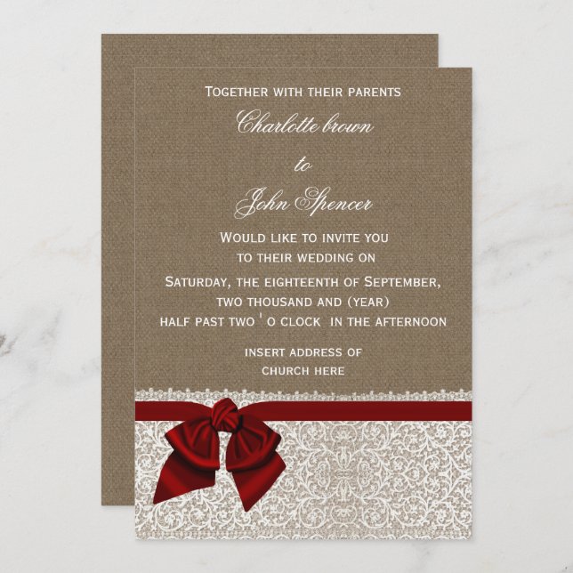 Burlap and Lace Red Wedding Invitation (Front/Back)