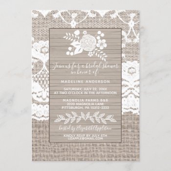 Burlap And Lace Rustic Bridal Shower Invitation by shabbychicgraphics at Zazzle