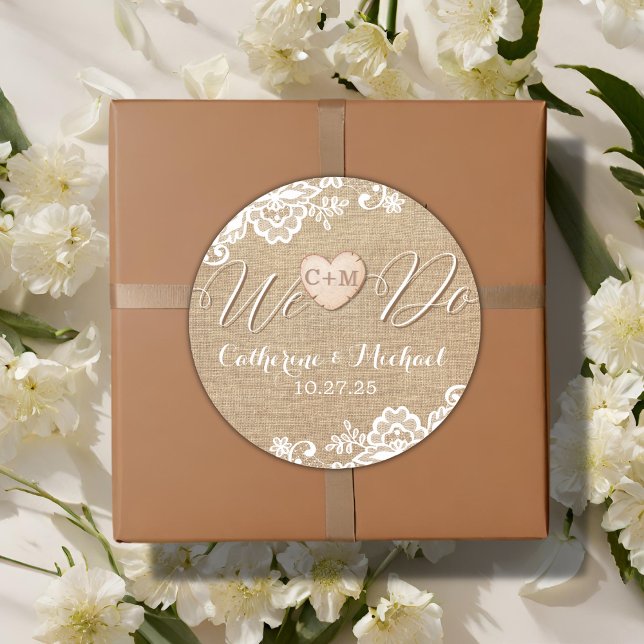 Burlap And Lace Rustic Country Wedding Classic Round Sticker (Creator Uploaded)