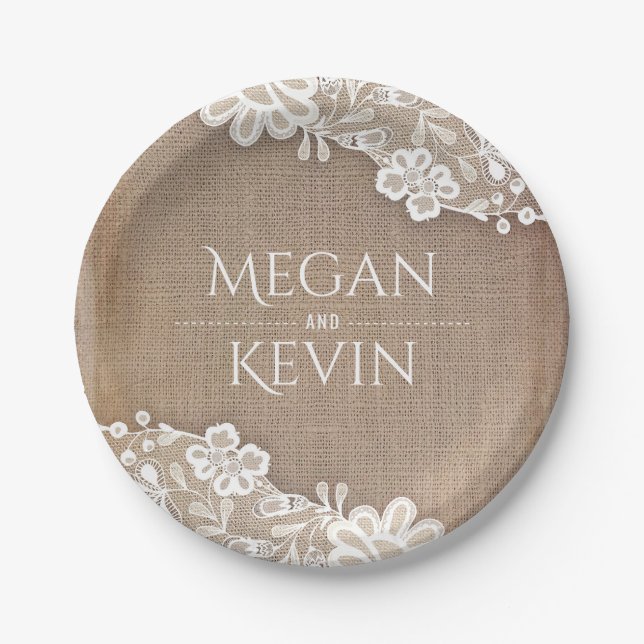 Burlap and Lace Rustic Country Wedding Paper Plates (Front)