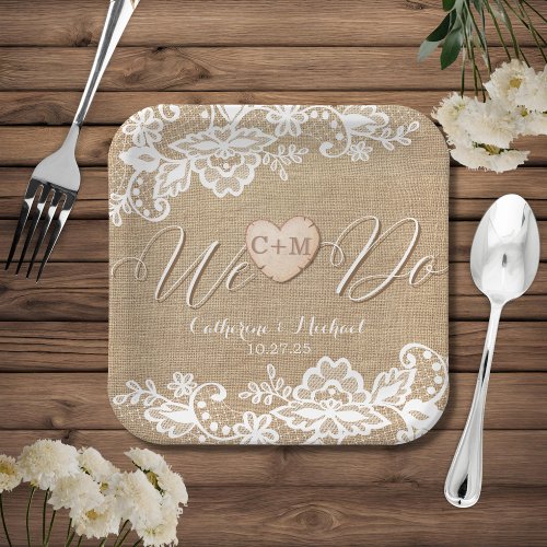 Burlap And Lace Rustic Country Wedding Paper Plates
