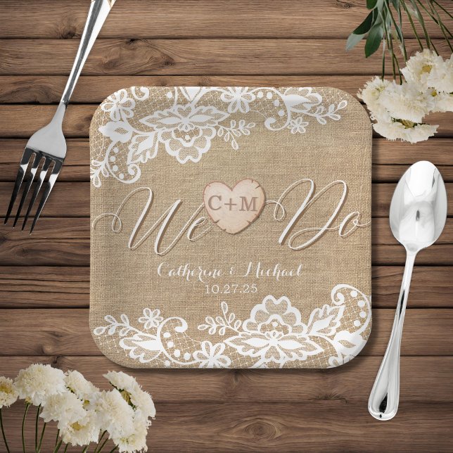 Burlap And Lace Rustic Country Wedding Paper Plates (Creator Uploaded)