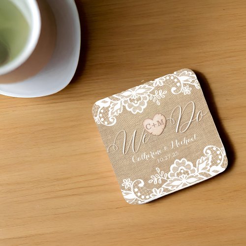 Burlap And Lace Rustic Country Wedding Square Paper Coaster