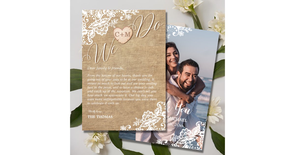 Burlap And Lace Rustic Country Wedding Thank You Card | Zazzle