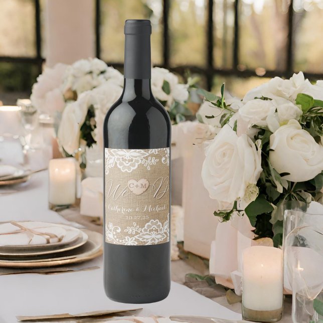 Burlap And Lace Rustic Country Wedding Wine Label (Creator Uploaded)