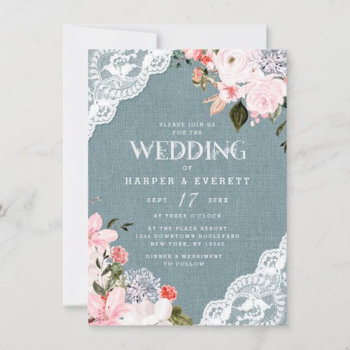 Burlap and Lace Rustic Dusty Blue Floral Wedding Invitation