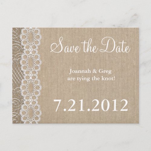 Burlap and Lace Rustic Save the Date Announcement Postcard