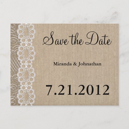 Burlap and Lace Rustic Save the Date Announcement Postcard