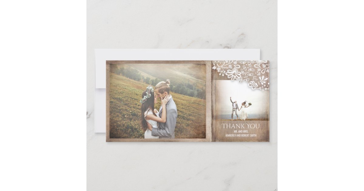 Burlap and Lace Rustic Vintage Wedding Thank You Card | Zazzle