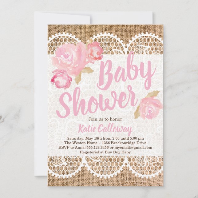 Burlap and Lace Shabby Chic Baby Shower Invitation (Front)