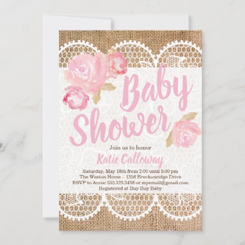 Burlap and Lace Shabby Chic Baby Shower Invitation