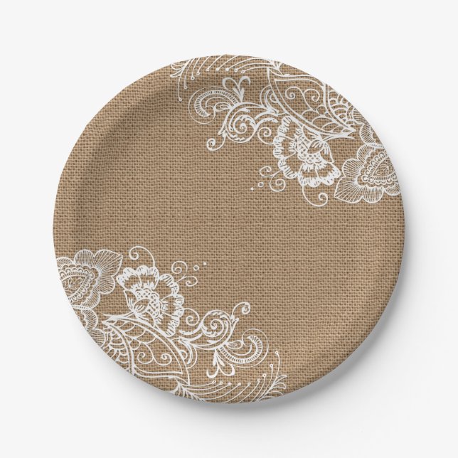 Burlap and Lace Shabby Chic Paper Plates (Front)