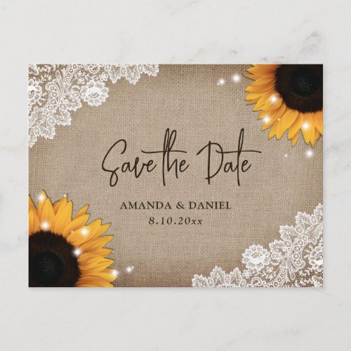 Burlap and Lace Sunflower Save The Date Postcard