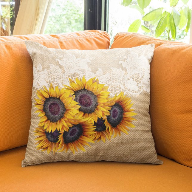 Burlap and lace sunflowers bouquet rustic country throw pillow (Creator Uploaded)