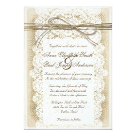 Burlap and Lace twine bow Wedding Invitation