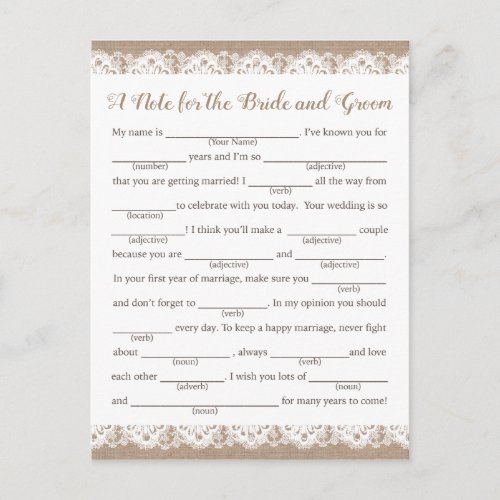 Burlap and Lace Wedding Advice Cards Rustic Postcard