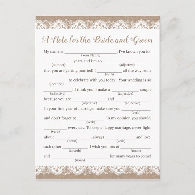Burlap and Lace Wedding Advice Cards, Rustic Postcard (Front)