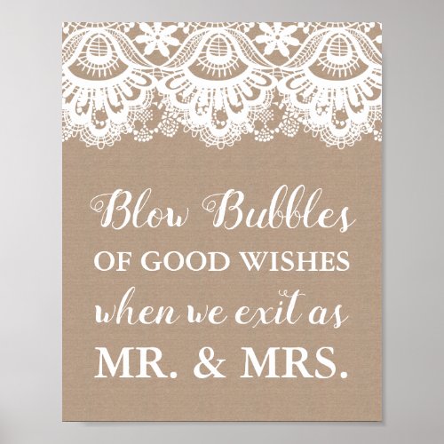 Burlap and Lace Wedding Bubbles of Good Wishes Poster