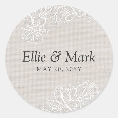 Burlap and Lace Wedding Classic Round Sticker