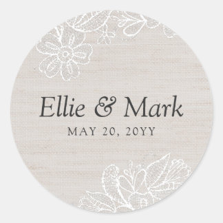 Burlap and Lace Wedding Classic Round Sticker