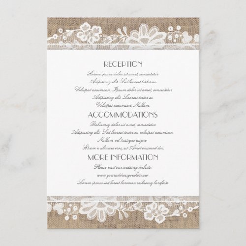Burlap and Lace Wedding Information Enclosure Card - Vintage elegant burlap and lace wedding insert with reception information, accommodations and all the necessary details for your guests.