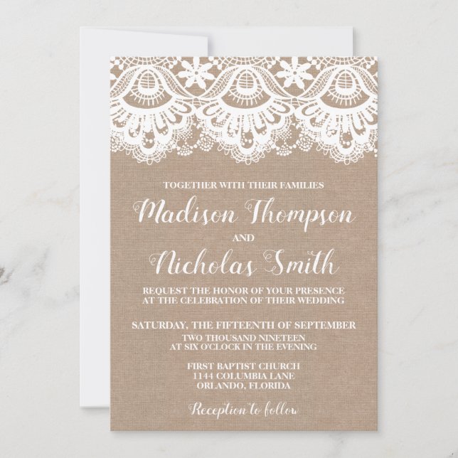 Burlap and Lace Wedding Invitation Card, Rustic (Front)