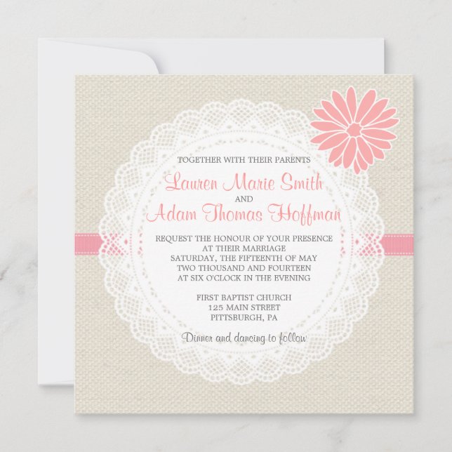 Burlap and Lace Wedding Invitation Coral Pink (Front)