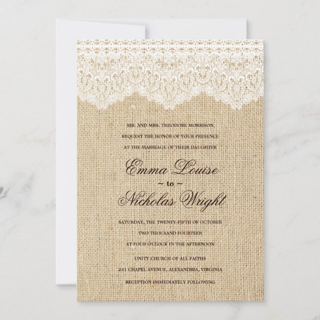 Burlap and Lace Wedding Invitations (Front)