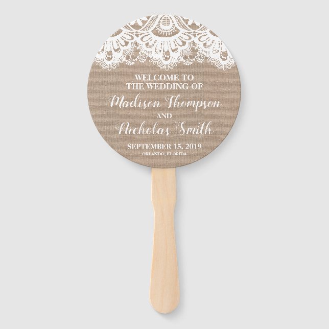 Burlap and Lace Wedding Program Circle Fan, Rustic Hand Fan (Front)