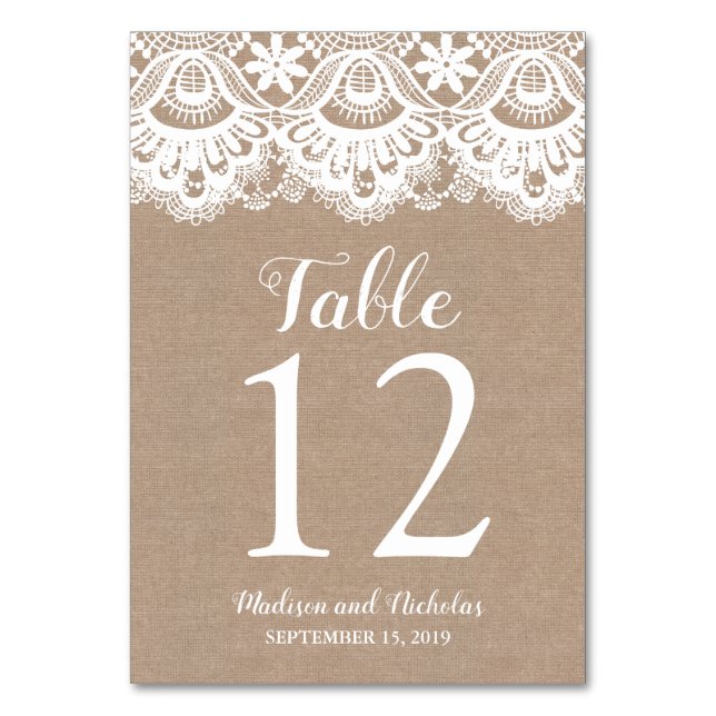Burlap and Lace Wedding Table Number Cards, Rustic (Front)