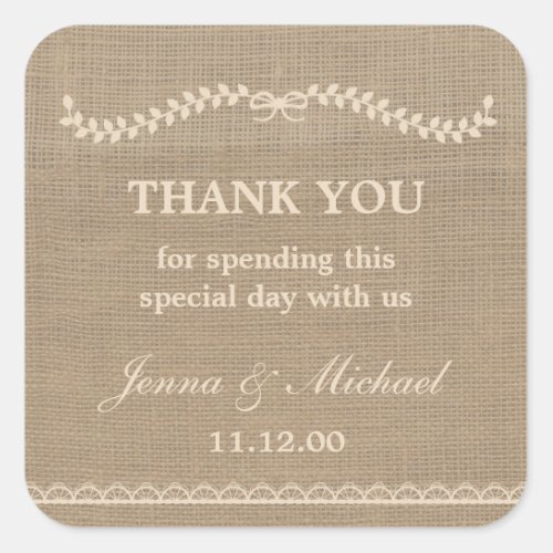 Burlap and Lace wedding thank you favor sticker