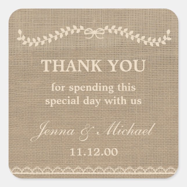 Burlap and Lace wedding thank you favor sticker (Front)