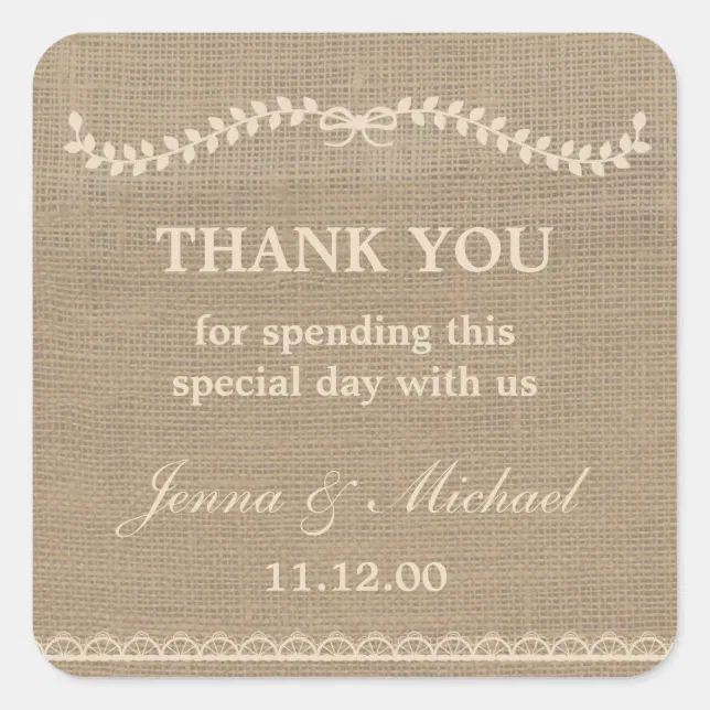 Burlap and Lace wedding thank you favor sticker | Zazzle