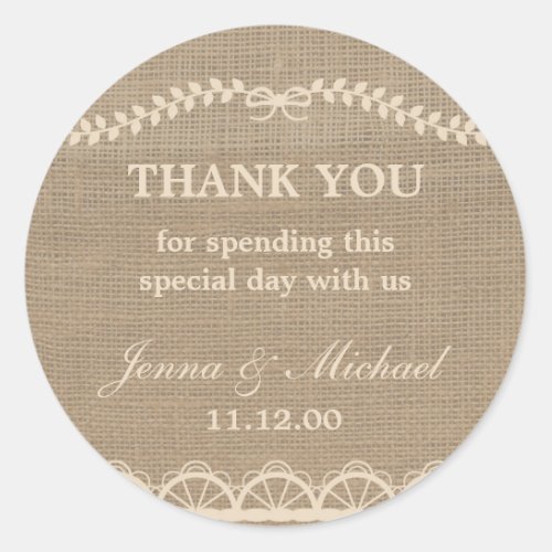 Burlap and Lace wedding thank you favor sticker