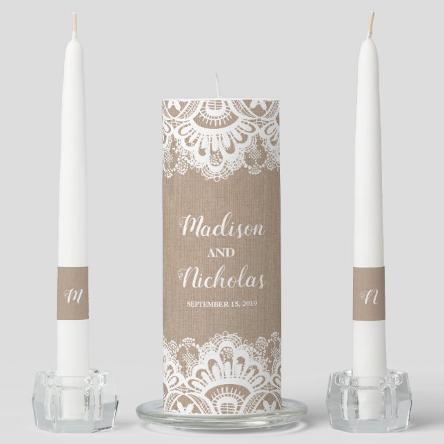 Burlap and Lace Wedding Unity Candle Set, Rustic (Front)