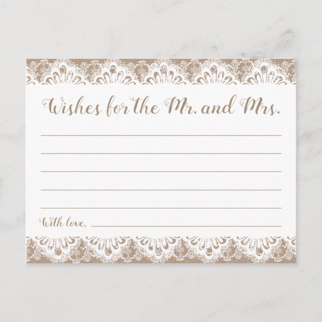 Burlap and Lace Wedding Wishes Cards, Rustic Postcard (Front)