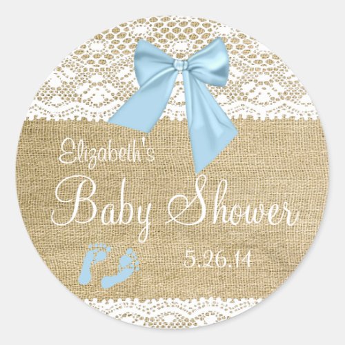 Burlap and Lace with Blue Bow Baby Shower_Favor Classic Round Sticker