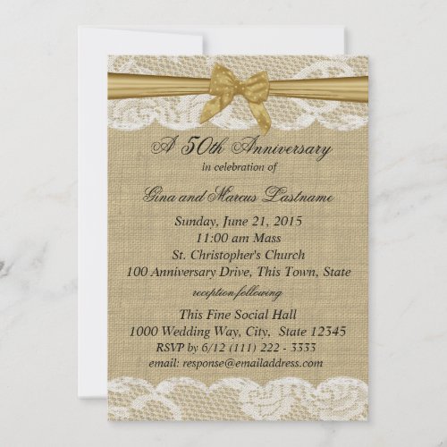 Burlap and Lace with Gold Bow 50th Anniversary Personalized Invites