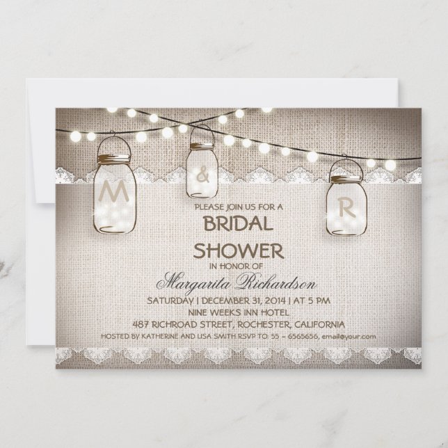 burlap and mason jars bridal shower invitations (Front)