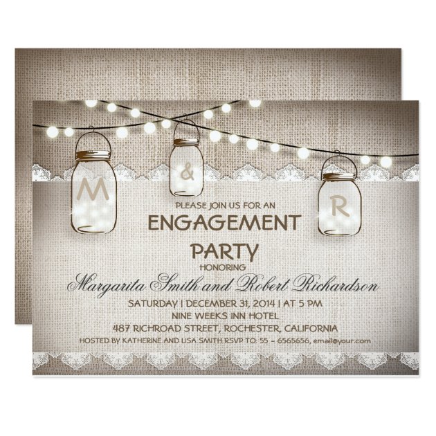 Burlap And Mason Jars Engagement Party Invitations