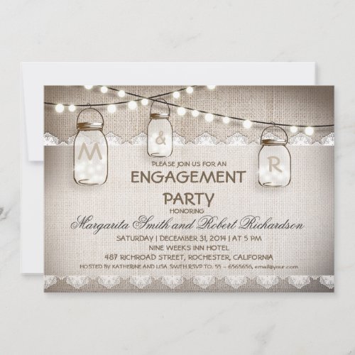 burlap and mason jars engagement party invitations