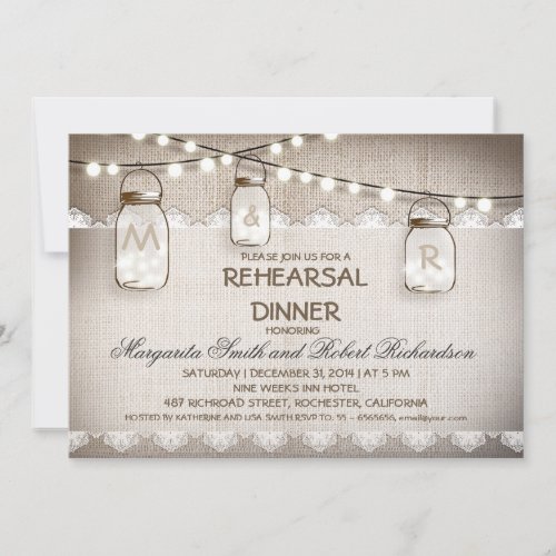 burlap and mason jars rehearsal dinner invitations