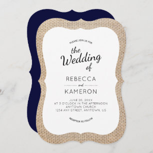 Burlap and Navy Blue Bracket Frame Wedding Invite