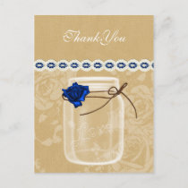 burlap and navy blue rose mason jar thank you postcard