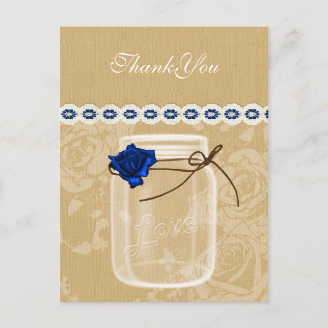 burlap and navy blue rose mason jar thank you postcard (Front)