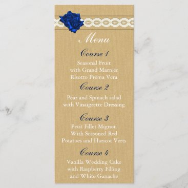 burlap and navy blue rose mason jar wedding menu