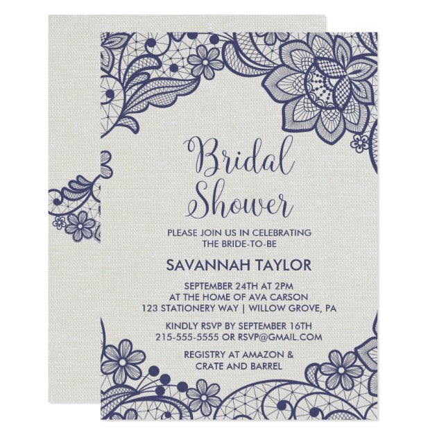 Burlap And Navy Lace | Floral Bridal Shower Invitation
