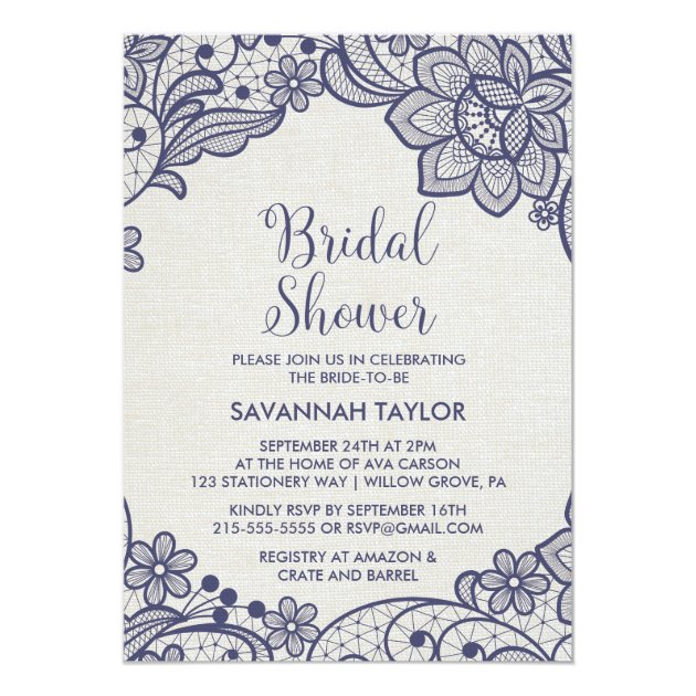 Burlap And Navy Lace | Floral Bridal Shower Invitation