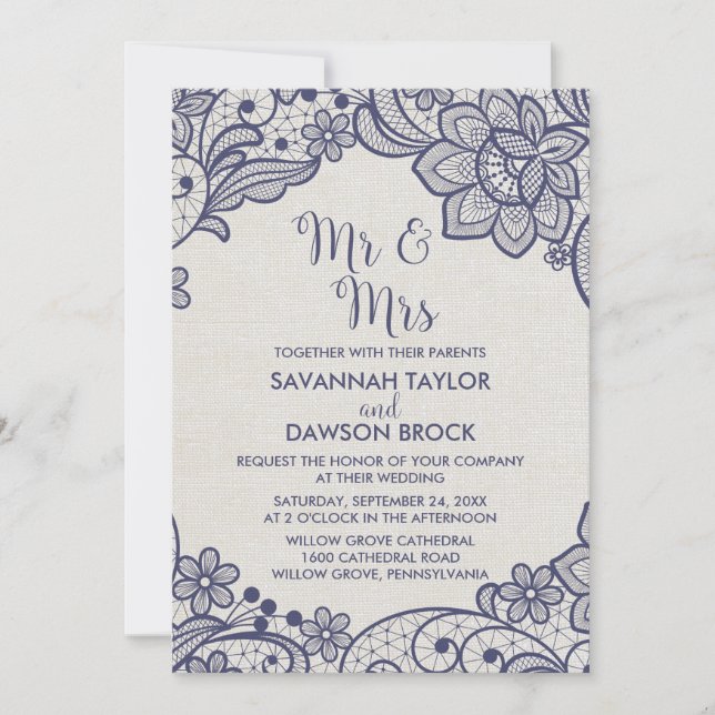 Burlap and Navy Lace | Floral Mr and Mrs Wedding Invitation (Front)