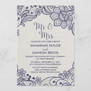 Burlap and Navy Lace Floral Mr and Mrs Wedding Invitation